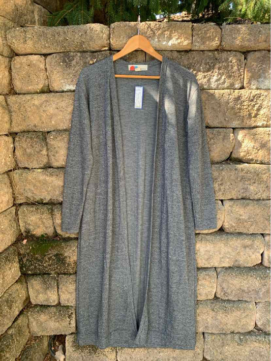 Gray sleeveless open-front cardigan with long draped sides and a soft, ribbed knit texture.