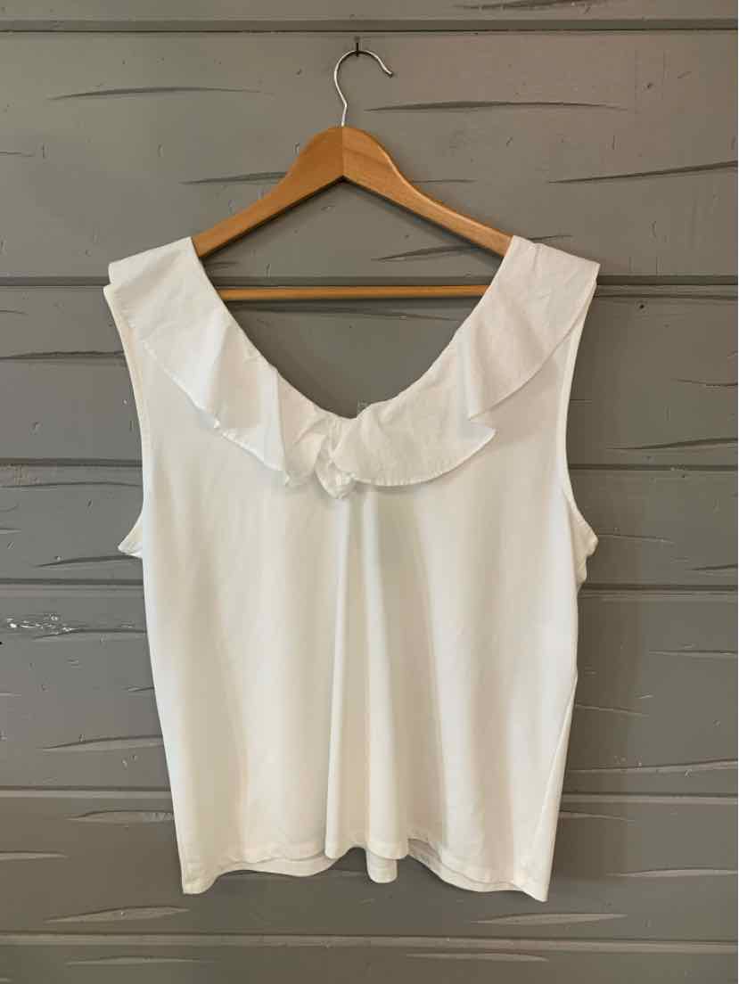 White sleeveless blouse with wide ruffled collar, size XL, on wooden hanger.