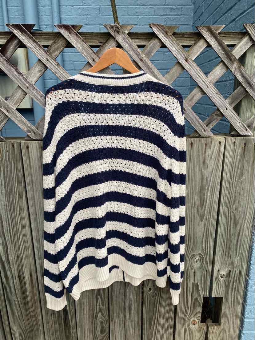 Navy and white striped knit sweater with ribbed cuffs and hem, size XL.