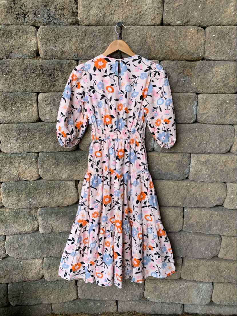 Pink floral midi dress with puff sleeves and gathered waist, XS size, Kate Spade style.