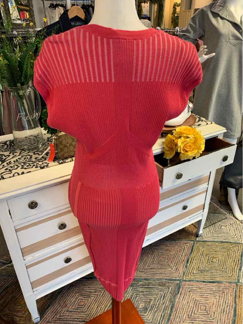 Pink ribbed knit dress with short sleeves and fitted silhouette on a mannequin.