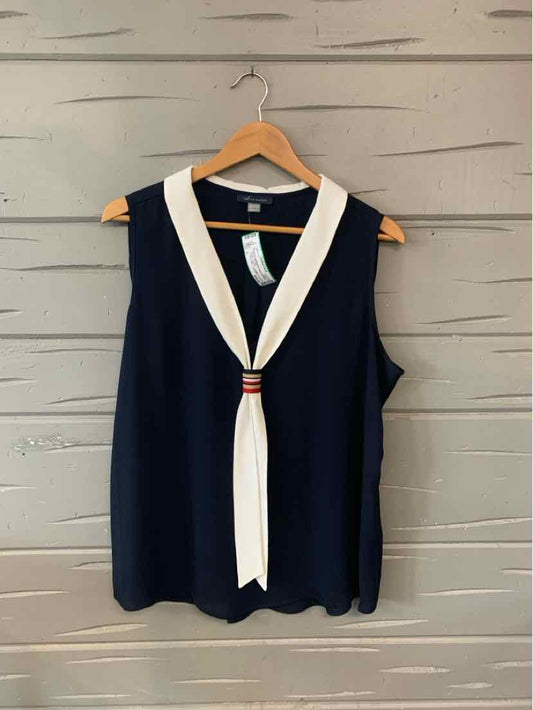 Navy blue sleeveless top with white V-neck tie and red accents, size XL.