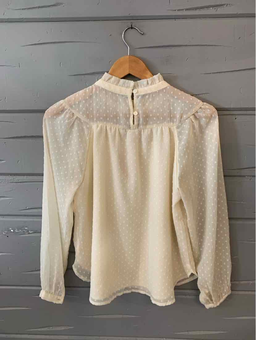 Cream long-sleeve blouse with sheer dotted fabric and keyhole button closure at the back neckline.