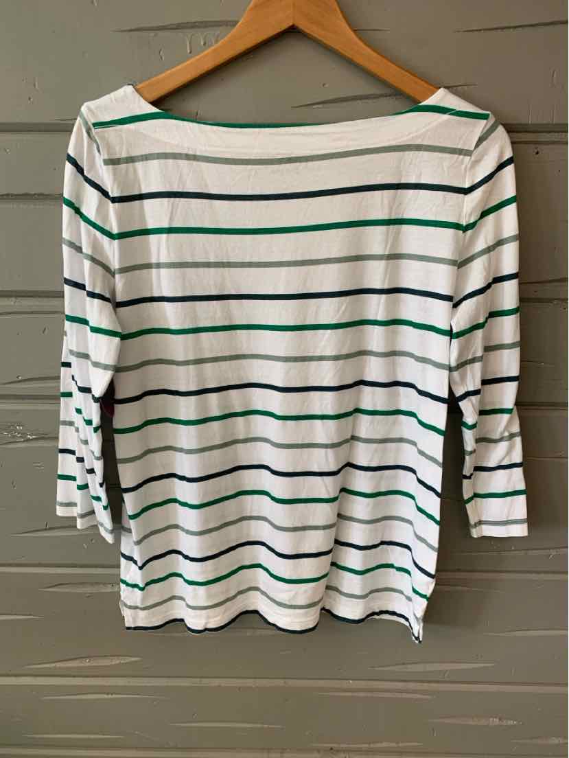 White long-sleeve shirt with green and black horizontal stripes, scoop neckline, and medium size label.