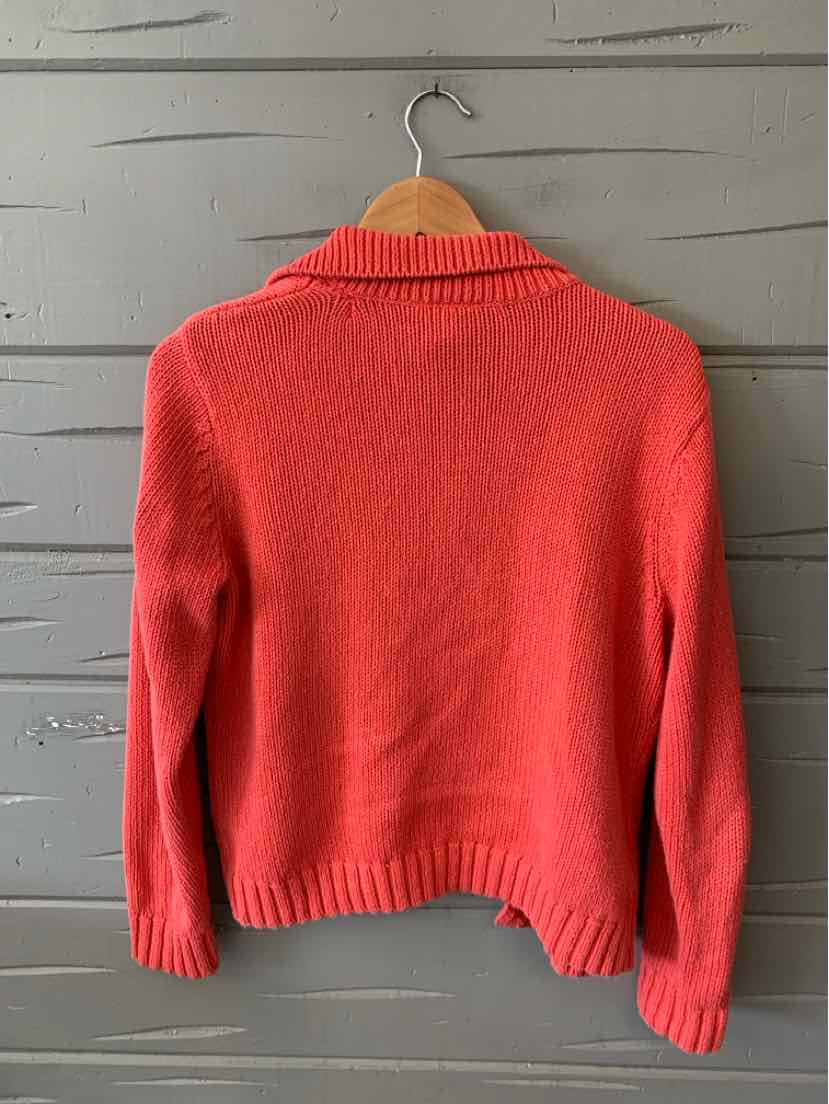 Coral-red long-sleeve knit sweater with ribbed cuffs and collar, medium size.