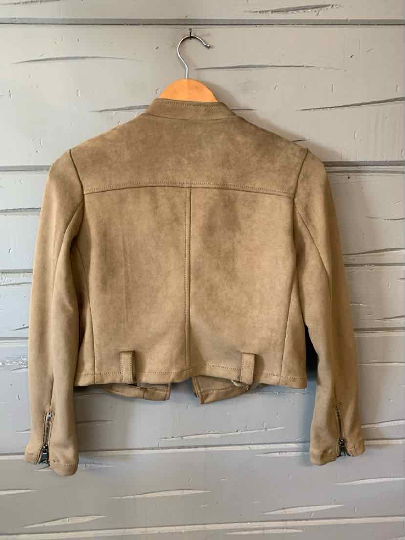 Taupe faux suede cropped jacket with long sleeves and a back seam detail.