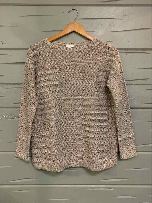 Multi-colored tweed knit sweater with long sleeves and crew neckline, size XS.