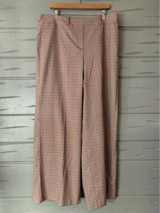 Pink and white plaid wide-leg trousers with front zipper and belt loops.