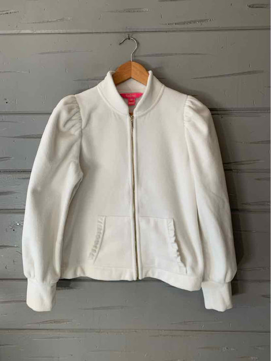 Ivory fleece bomber jacket with a gold-tone front zipper, ribbed collar and cuffs, and two front pockets.