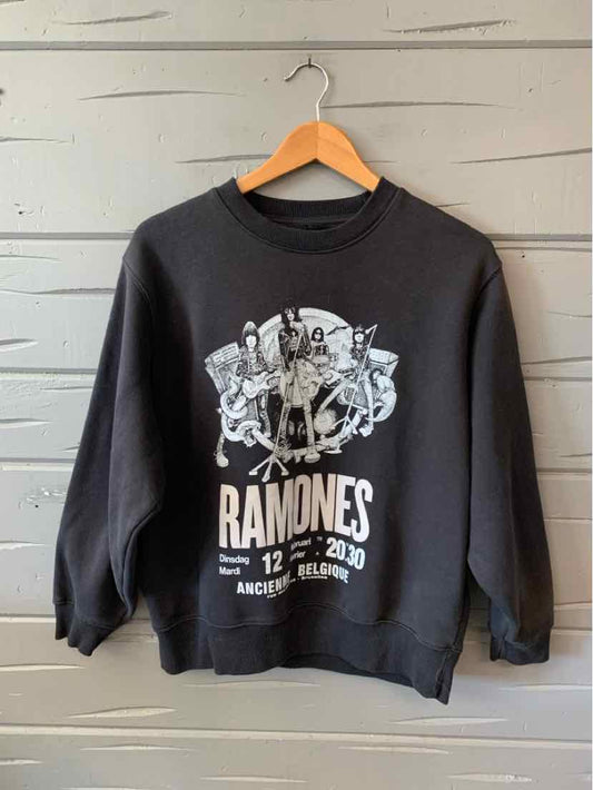 Black crewneck sweatshirt with white Ramones band graphic and text on front, small size.