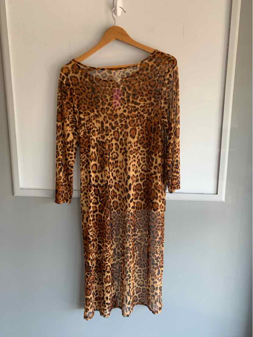 Long-sleeve cheetah print midi dress with a scoop neckline hanging on wooden hanger.