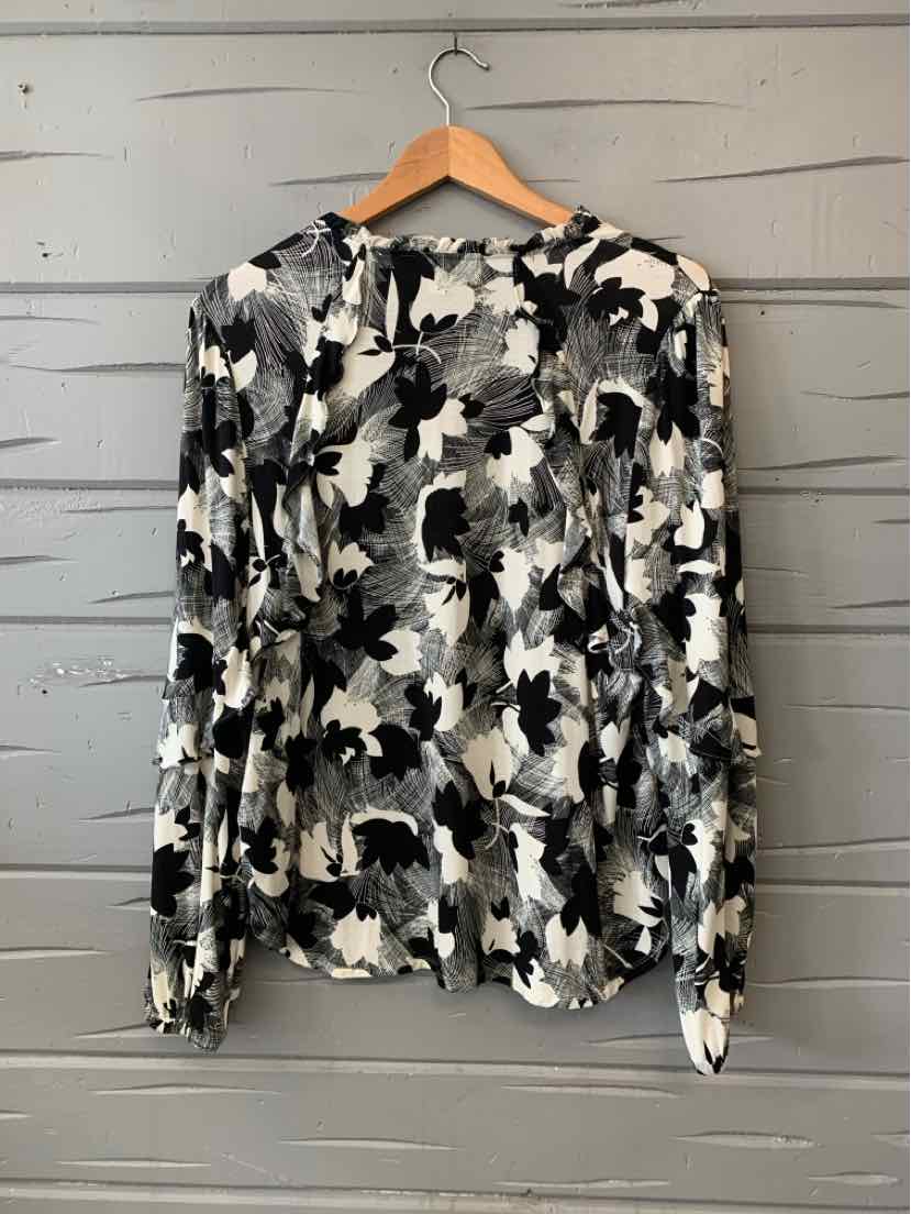 Black and white floral long-sleeve Ralph Lauren top, size large, hanging on wooden hanger.