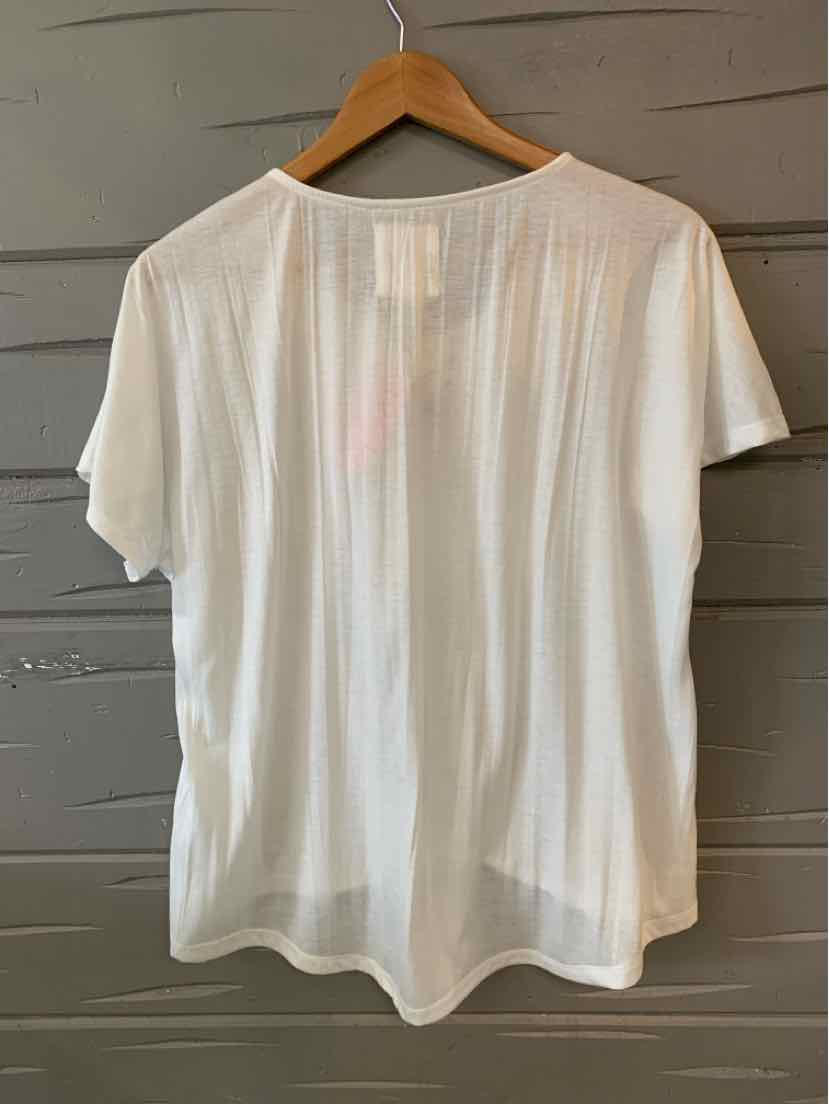 White short-sleeve crewneck t-shirt with lightweight fabric on wooden hanger.