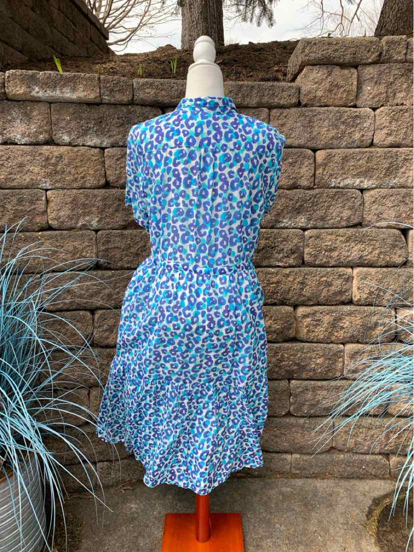 Blue leopard print sleeveless dress with cinched waist and flared skirt on a mannequin.