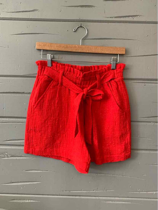 Red high-waist shorts with a tied fabric belt and gathered paperbag waistband on a hanger.