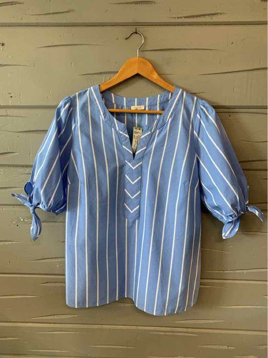 Blue and white striped blouse with tie sleeves and V-neck, size medium.