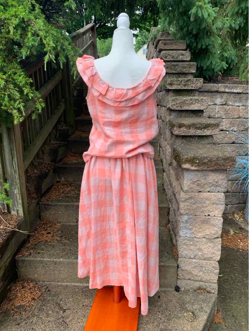 Sleeveless pink and white gingham dress with ruffled neckline and gathered waist, knee-length skirt.