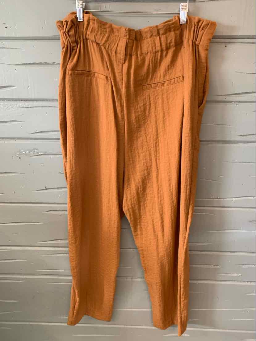 Rust-orange women's high-waisted tapered pants with elastic gathered waist and side pockets.