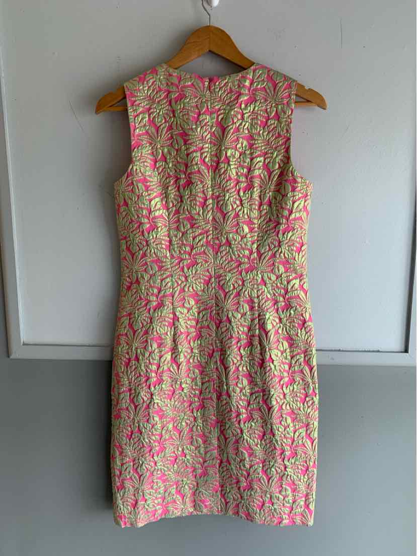Pink sleeveless dress with metallic floral pattern and fitted waist, size 6.