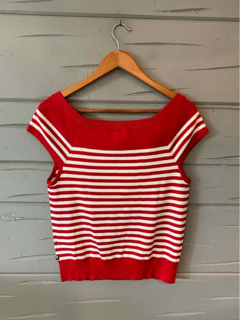Red and white striped short-sleeve knit top with a wide square neckline and fitted waistband.