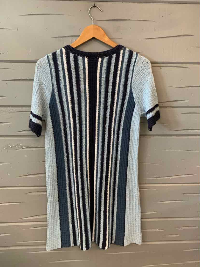 Knee-length knit dress with vertical navy, white, and black stripes, short sleeves, and ribbed cuffs and collar.