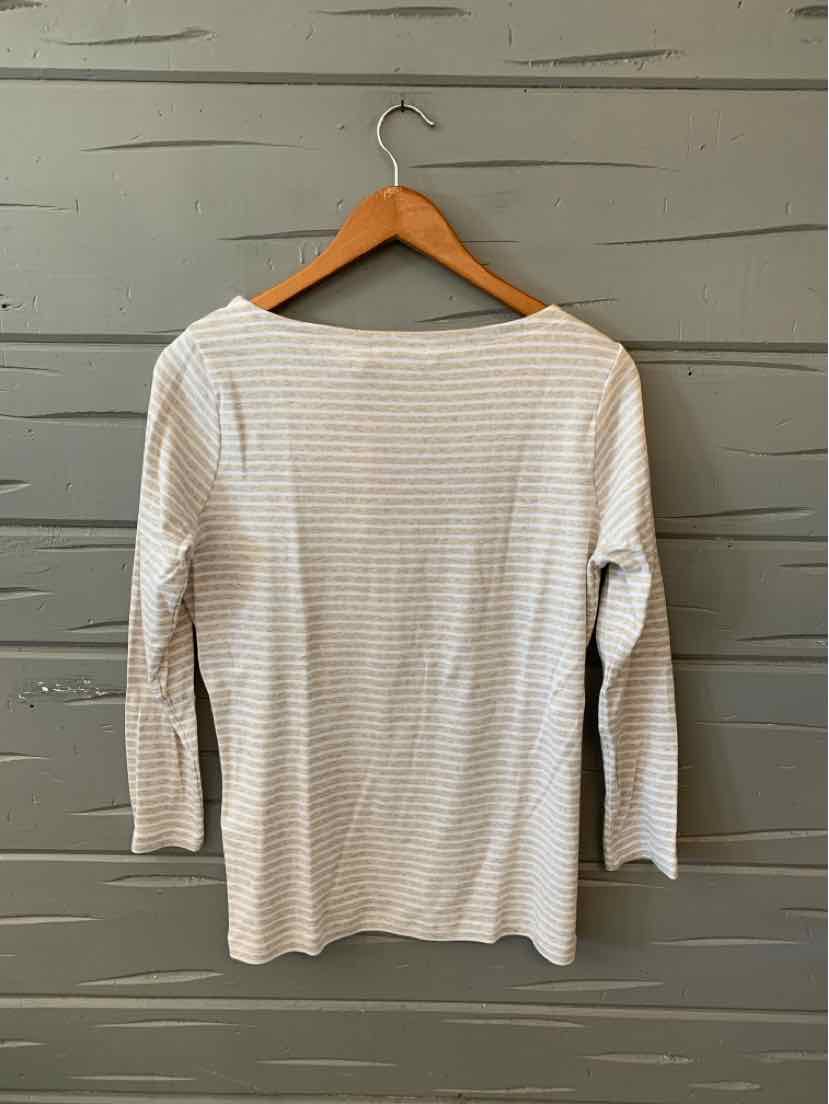 Long-sleeve tan and white striped shirt with boat neckline, size large, hanging on wooden hanger.