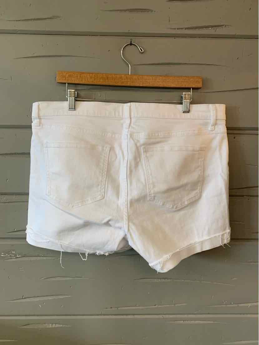 White denim shorts with frayed hems and back pockets hanging on wooden hanger against gray wall.