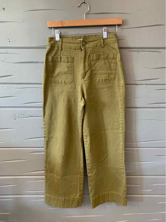 Olive green wide-leg pants with high waist and two patch pockets on the back, size 4.