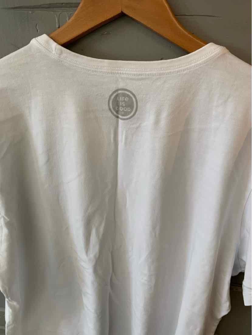 White cotton T-shirt in XL size with a round neckline and a subtle circular logo near the upper back.