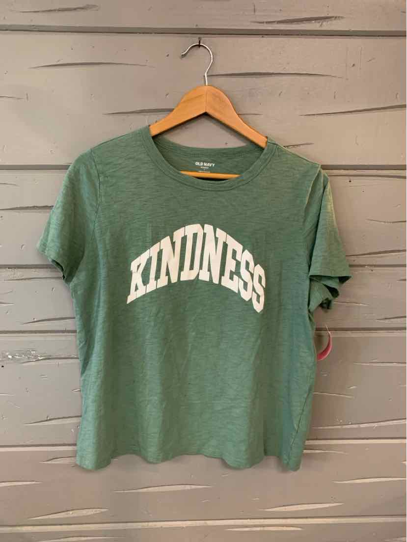 Green short-sleeve Old Navy t-shirt with white "KINDNESS" graphic on front, size large.