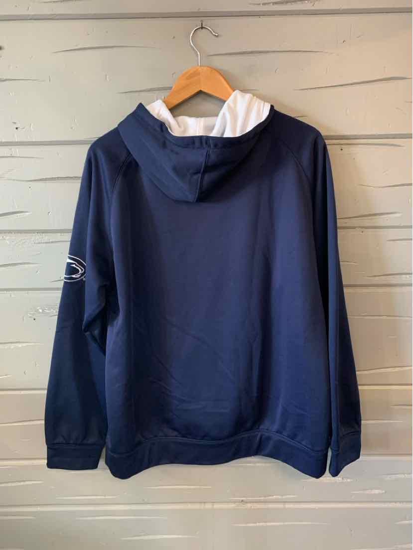 Navy blue hoodie with white hood lining and long sleeves, hanging on wooden hanger.