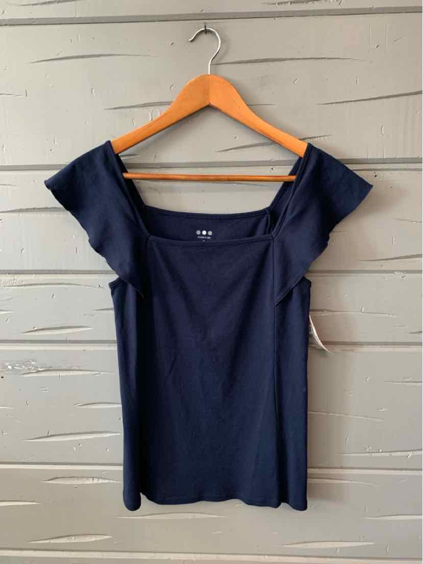 Navy blue off-shoulder ribbed knit top with short flutter sleeves on wooden hanger.