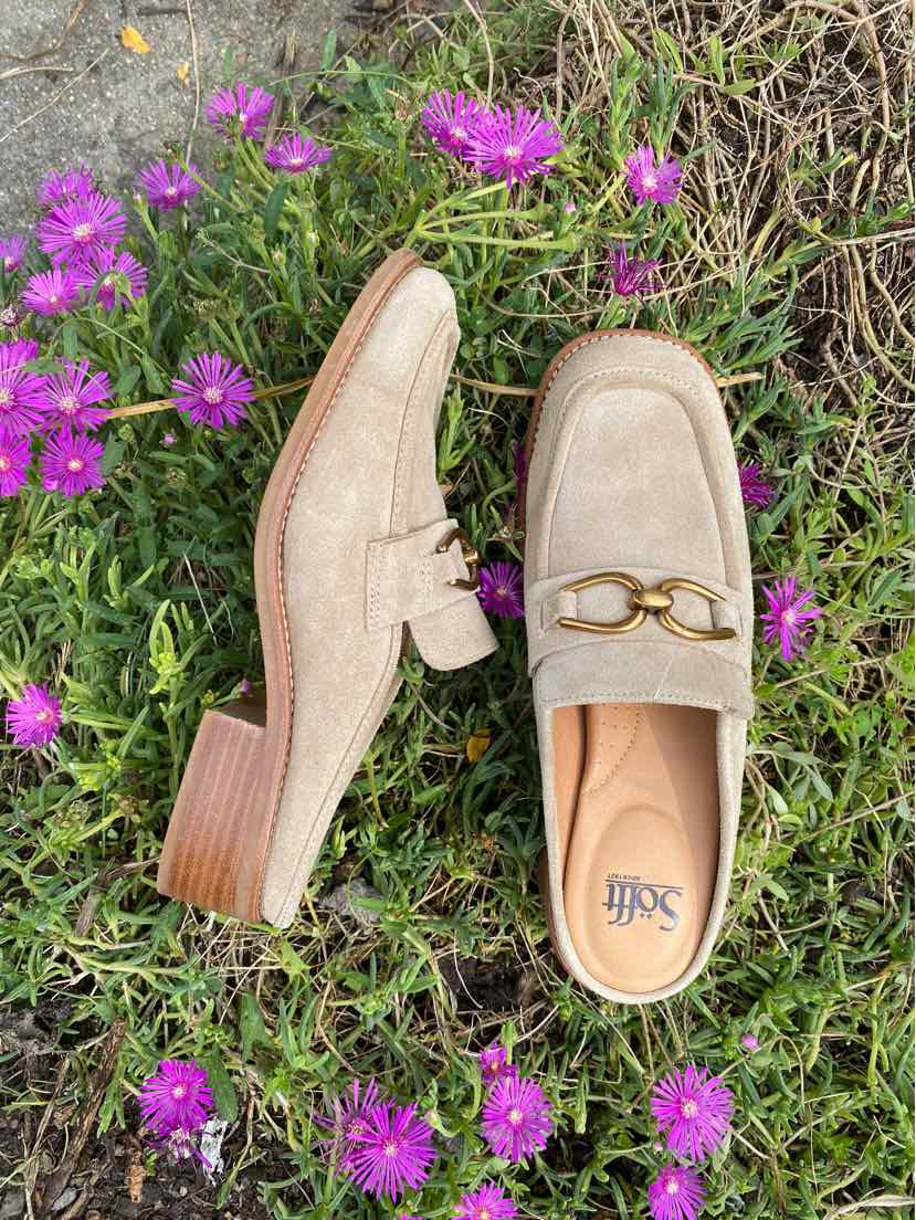 Tan suede slip-on loafers with gold chain detail and stacked wooden heel, size 8.