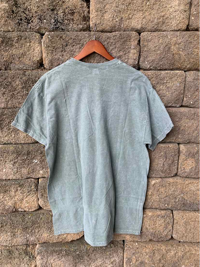 Light gray short-sleeve cotton t-shirt with crew neck, plain back on wooden hanger against stone wall.