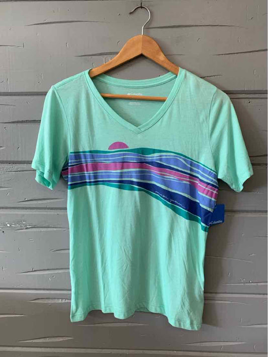Light green V-neck T-shirt with horizontal multi-color stripes across the chest, short sleeves, and lightweight fabric.