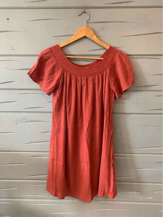 Brick red short-sleeve dress with gathered neckline and relaxed fit on wooden hanger.