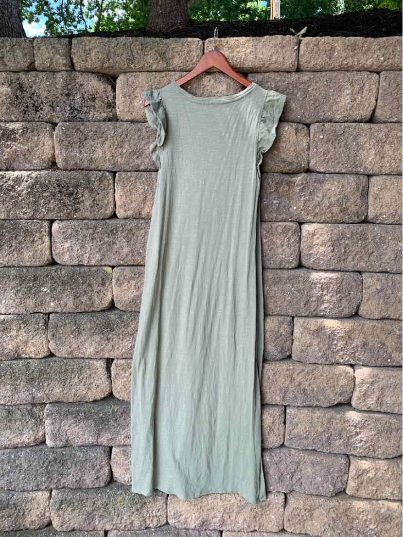 Light green short-sleeve maxi dress with ruffled sleeves and round neckline, lightweight fabric.