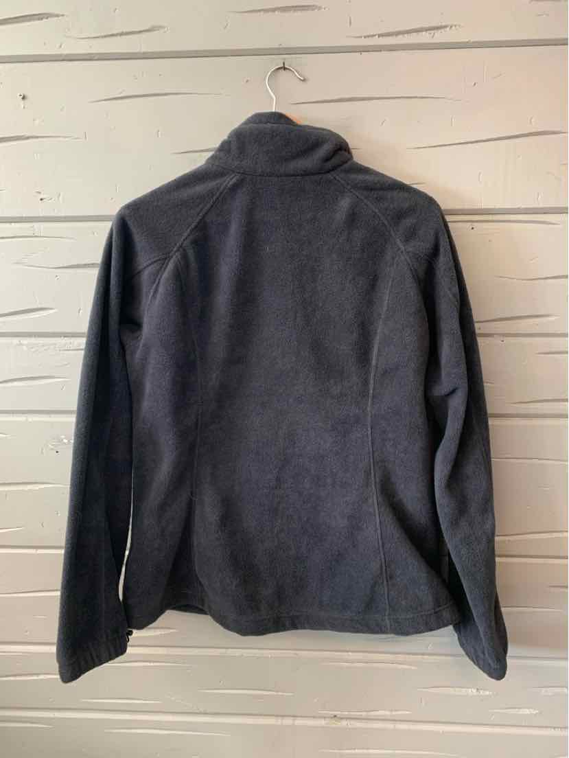 Dark gray fleece jacket with long sleeves and a high collar, medium weight material.