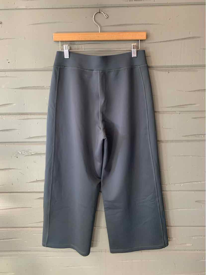Dark gray wide-leg cropped pants in smooth, stretchy fabric with a flat waistband.