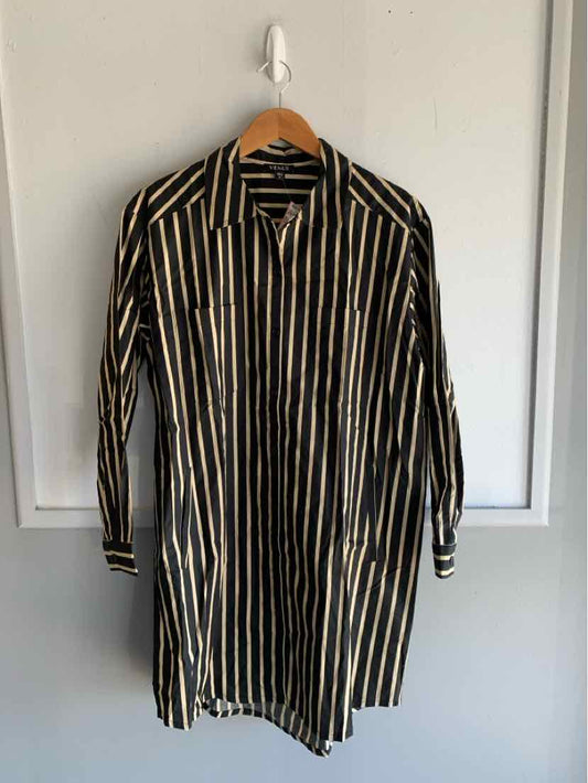 Black and beige vertical striped long-sleeve shirt dress with collar and button front, medium size.