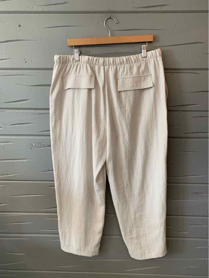 Light beige casual pants with elastic waistband and two front flap pockets, relaxed fit.