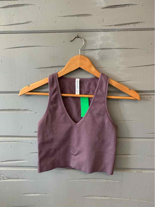 Dark purple cropped tank top with wide straps and V-neck, smooth stretchy fabric.