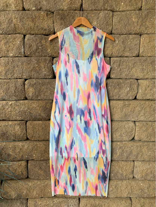Sleeveless knee-length dress with multicolor abstract brushstroke pattern in light blue, pink, yellow, and white.