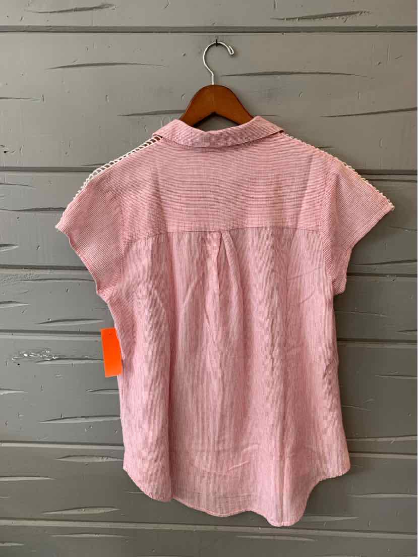 Light pink short-sleeve blouse with subtle vertical stripes and a relaxed fit, hanging on wooden hanger.