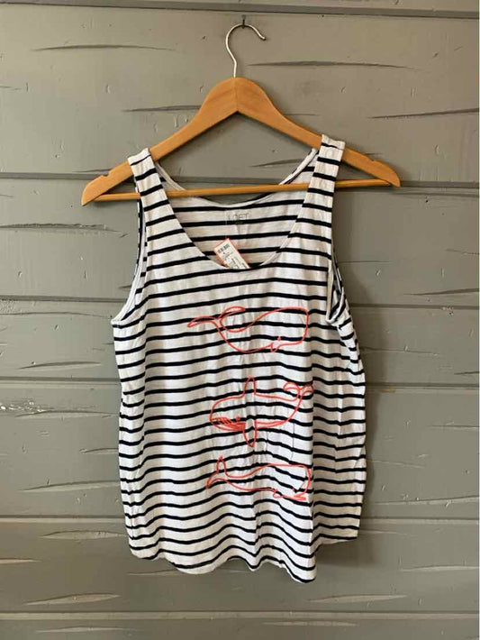 White sleeveless tank top with black horizontal stripes and red cursive text, medium size.