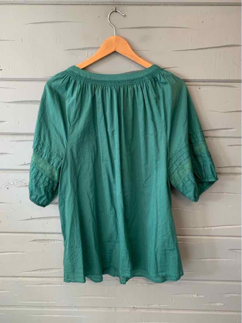 Teal green Talbots tunic with a gathered scoop neckline, three-quarter sleeves, and a loose fit.