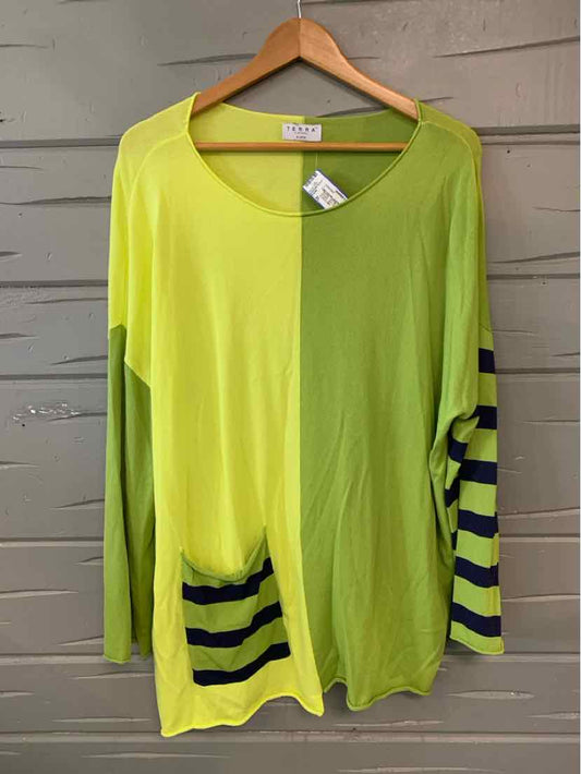 Long-sleeve lime green top with navy blue stripes on sleeves and pocket, size XL.