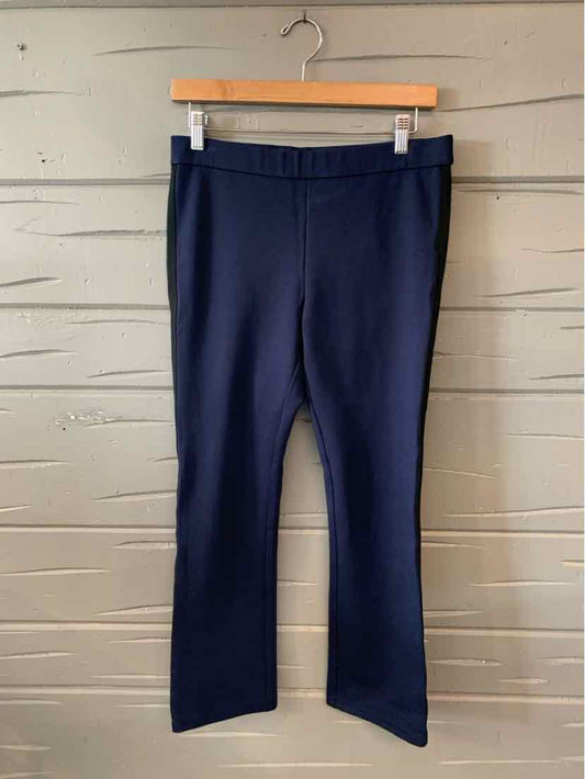 Navy blue mid-rise athletic pants with straight legs hanging on wooden hanger.