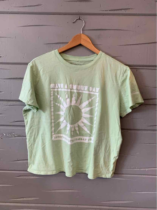 Light green short-sleeve cotton t-shirt with white sun graphic and "Every A New Day" text on front.