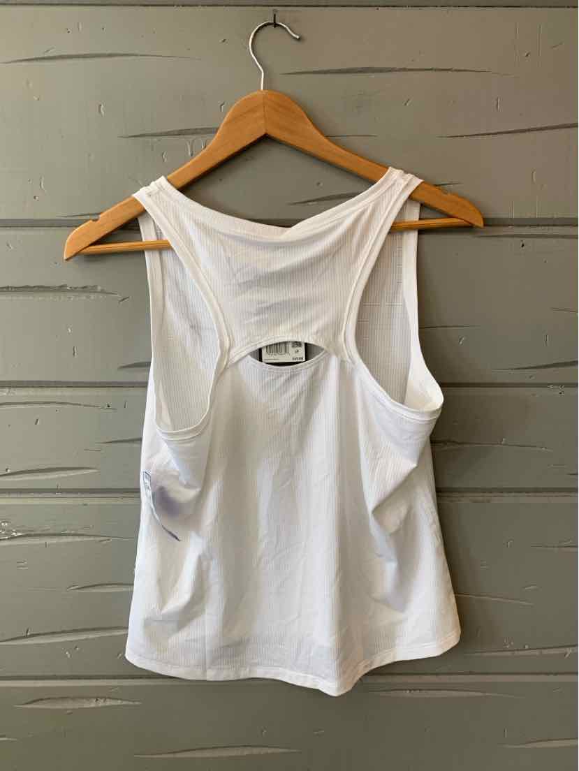 White sleeveless Nike tank top in size small with racerback design and keyhole cutout on back.
